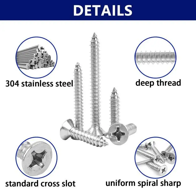5-100pcs M3 M4 M5 304 Stainlesss Steel Cross Recessed Countersunk Flat Head Tapping Screws Wood Screw