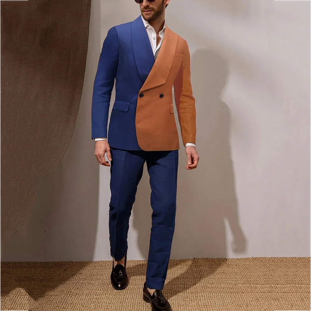 

Элегантный деловой костюм с шалью и лацканами для мужчин, комплект модной одежды контрастного цвета с двойной пуговицей, свадебный костюм из двух предметов по индивидуальному заказу