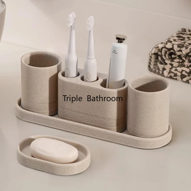 1pc Sandstone Bathroom Toiletries Cotton Swab Jar with Lid Wash Cup Toothbrush and Toothpaste Storage Rack Bathroom Accessories