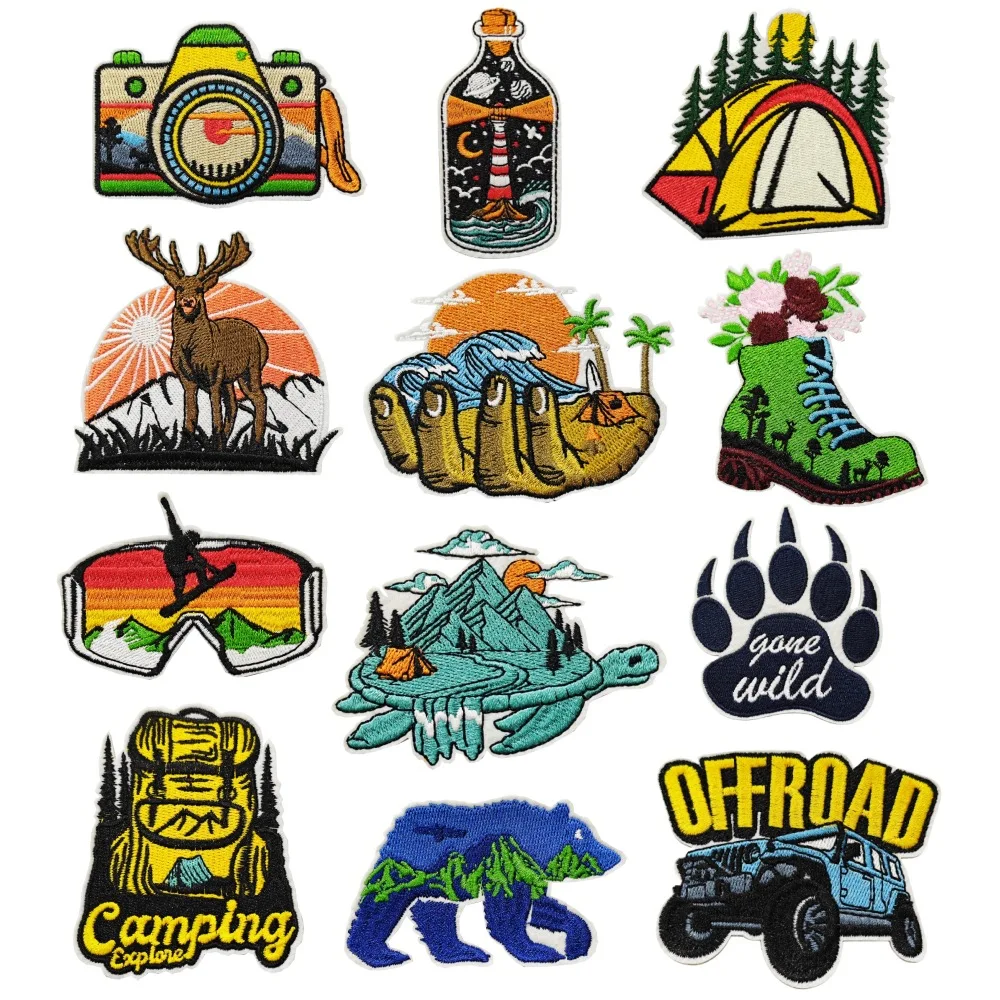 Iron on Patches DIY Cartoon outdoor camping cloth stickers with landscape and rural tourism animal style embroidered stickers