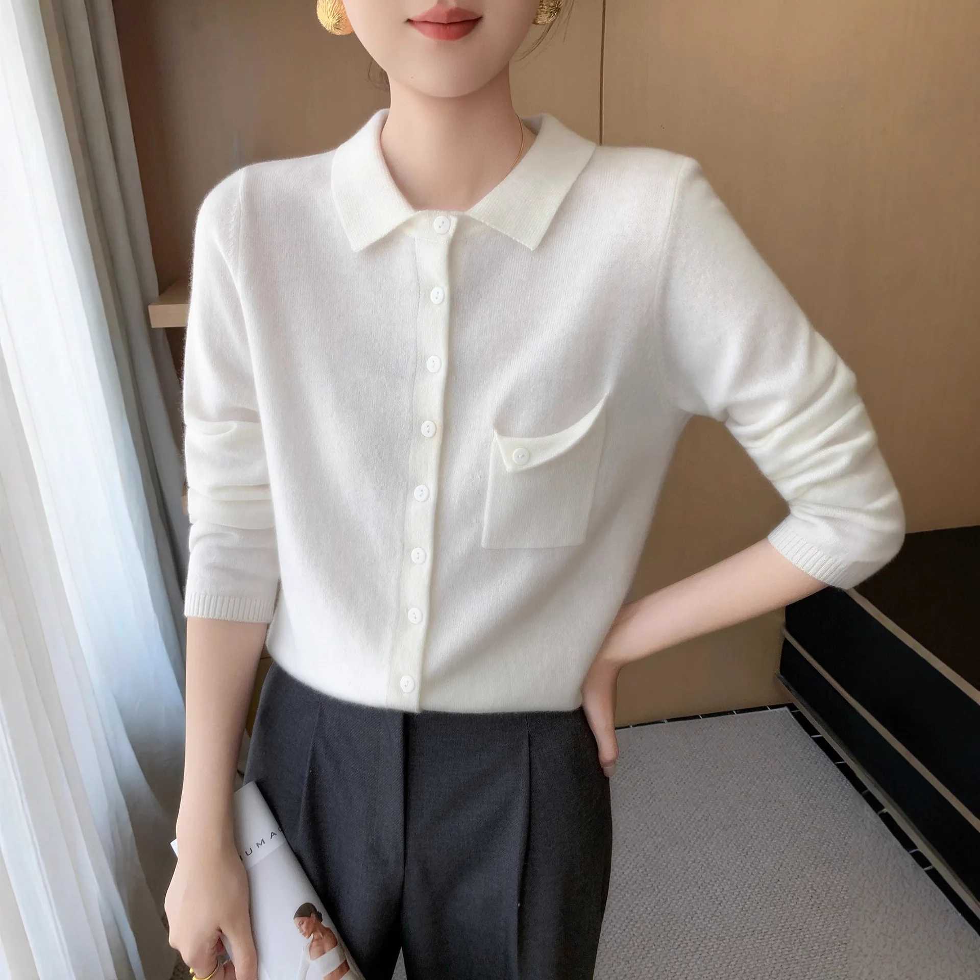 

Women Sweater Autumn Winter Long Sleeve Warm Fashion Korean Polo Collar Single Breasted Cardigan Knitted Bottoming Shirts