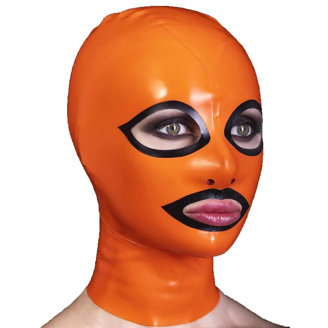 Sexy Latex Gummi Hood Rubber Women Men Fetish Orange Mask  Back Zip Headpiece Handmade RLM273