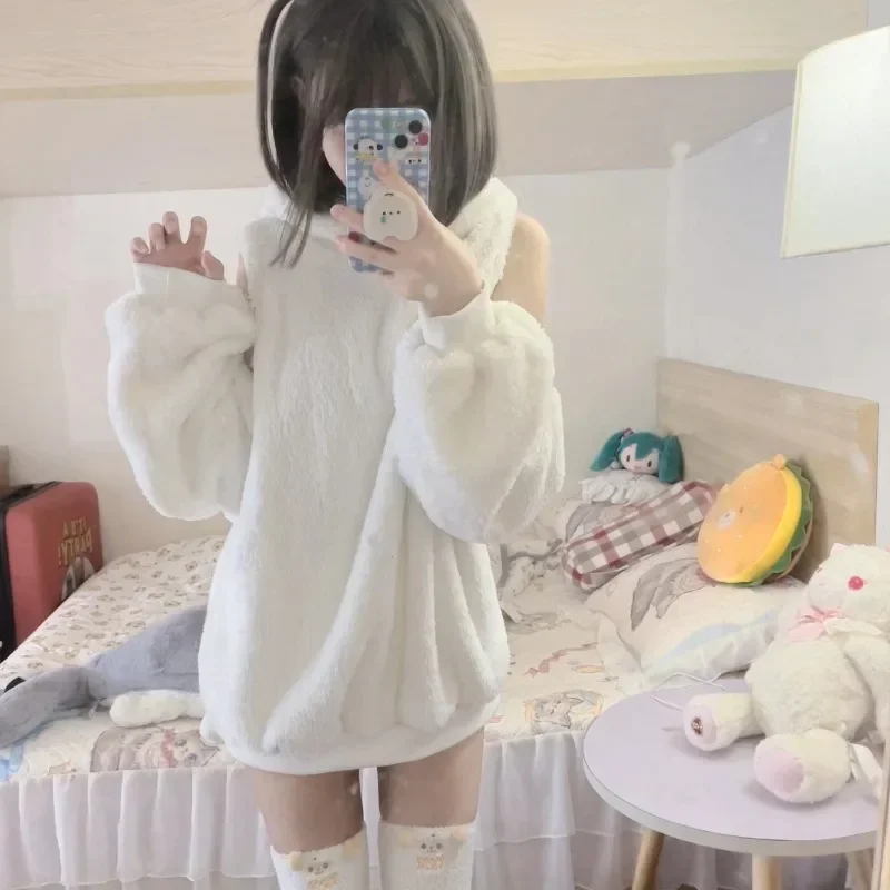 Japanese Style Two Piece Sets for Women Kawaii Furry Off The Shoulder Hoodies Princess Sweet Girls Loose Shorts Autumn Winter