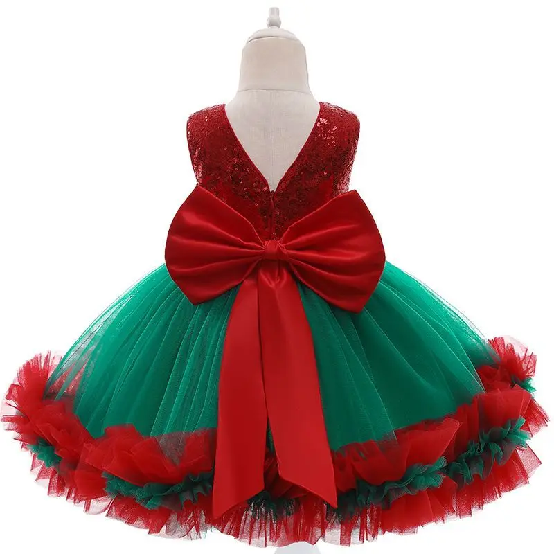 European and American children\'s dress Christmas style with bow and sequin green dress red fluffy performance dress baby Christm