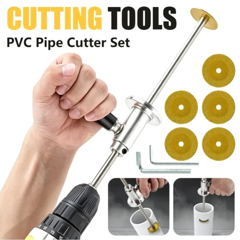 Zestaw narzędzi do cięcia rur PVC i ABS, w tym wewnętrzno-zewnętrzny nożyk, 6 diamentowych tarcz tnących, przedłużka o długości 28 cm, regulowany miernik głębokości, zestaw do cięcia rur o średnicy od — 2