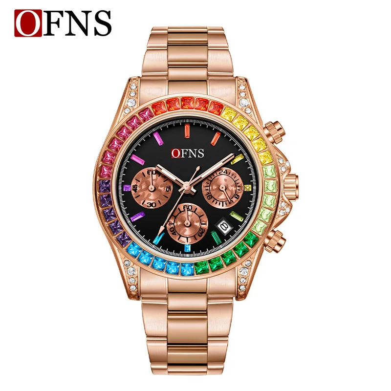 OFNS1579 Rainbow Diamond Chronometer Men's Watch Six Pin Quartz Movement Waterproof Calendar Night Light Luxury Women's Watch