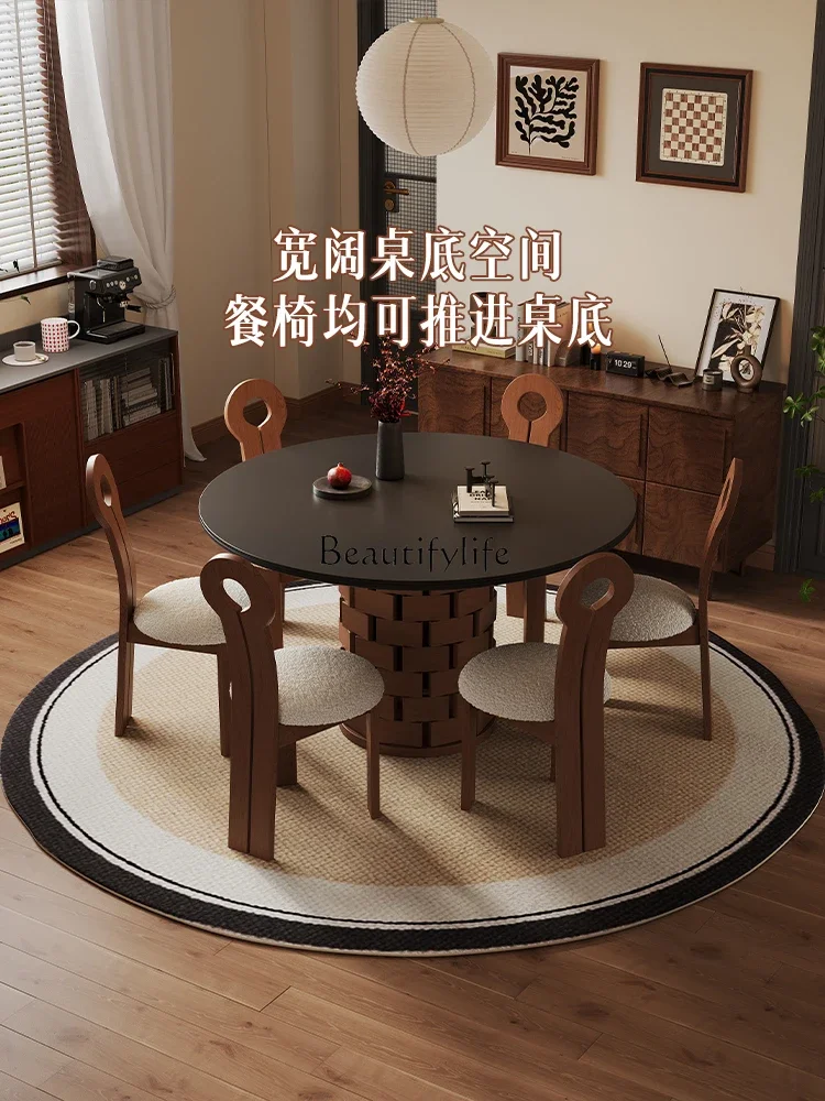 

yj32 Vintage Wabi-Sabi Style Round Stone Table for Home Use, Small Apartment Dining Table, French Retro Solid Wood