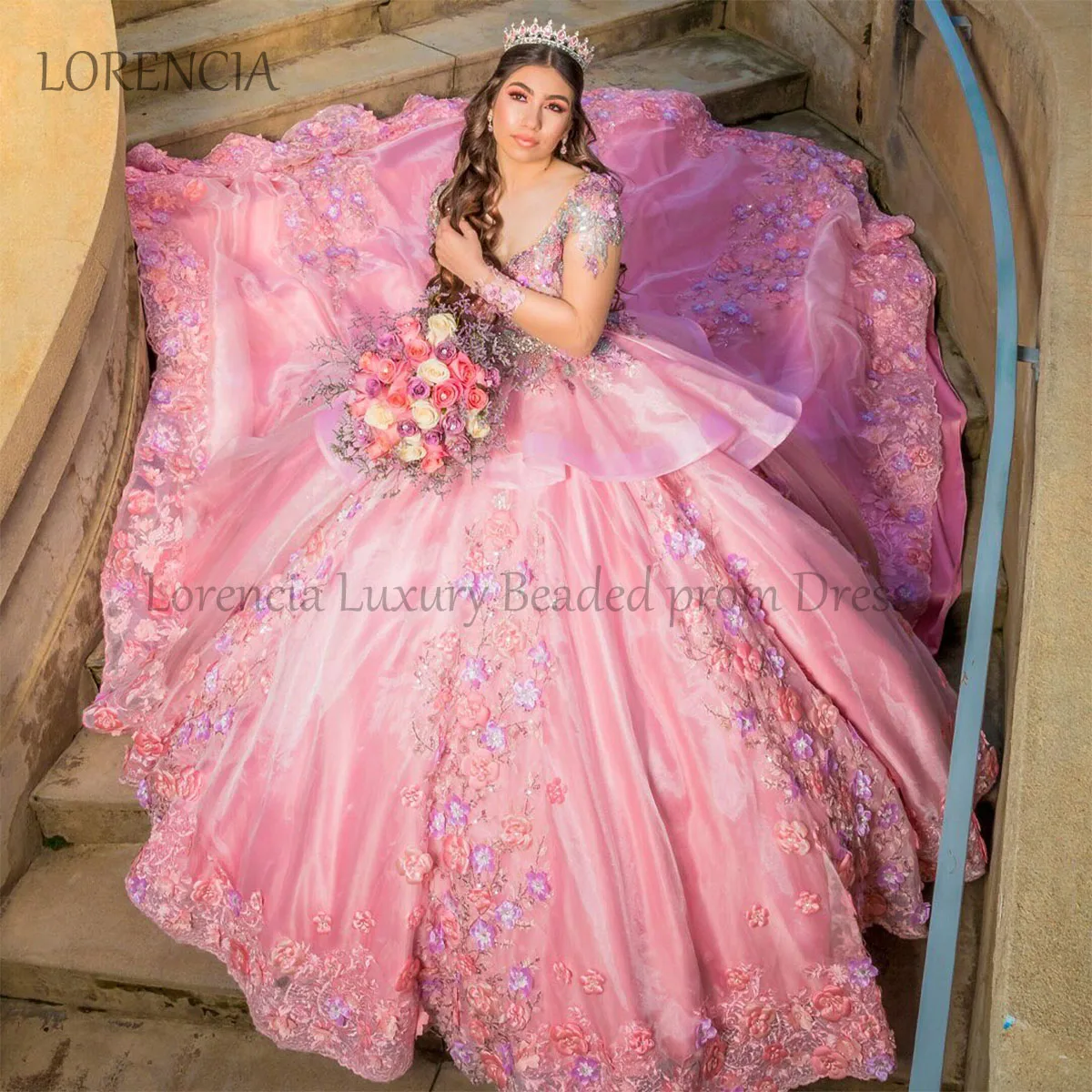 Pink Exquisite 2024 Quinceanera Dress Puffy 3D Flowers Sweet 16 Dress Ball Gown Appliques abiti da festa Vestidos De XV Anos