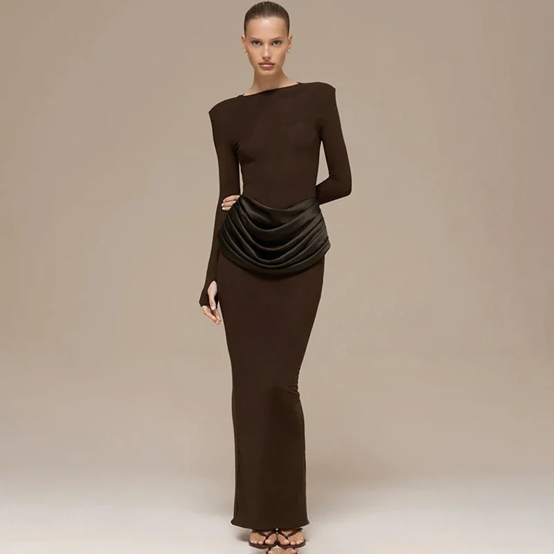 

Elegant Slim Maxi Dress For Women Autumn Fashion Splice Ruched Dress Long Sleeve High Waist Solid 2025 New Female Dress