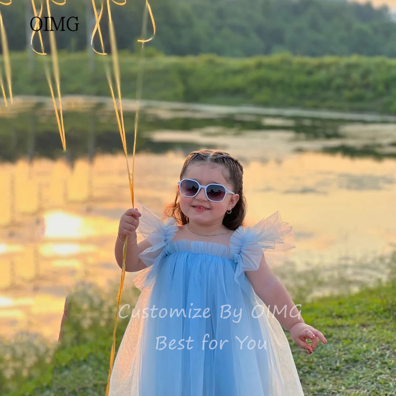 OIMG Sky Blue A-line Flower Girl Dresses Square Neck Mesh Wedding Party Gown Knee Length Birthday Dress Customized