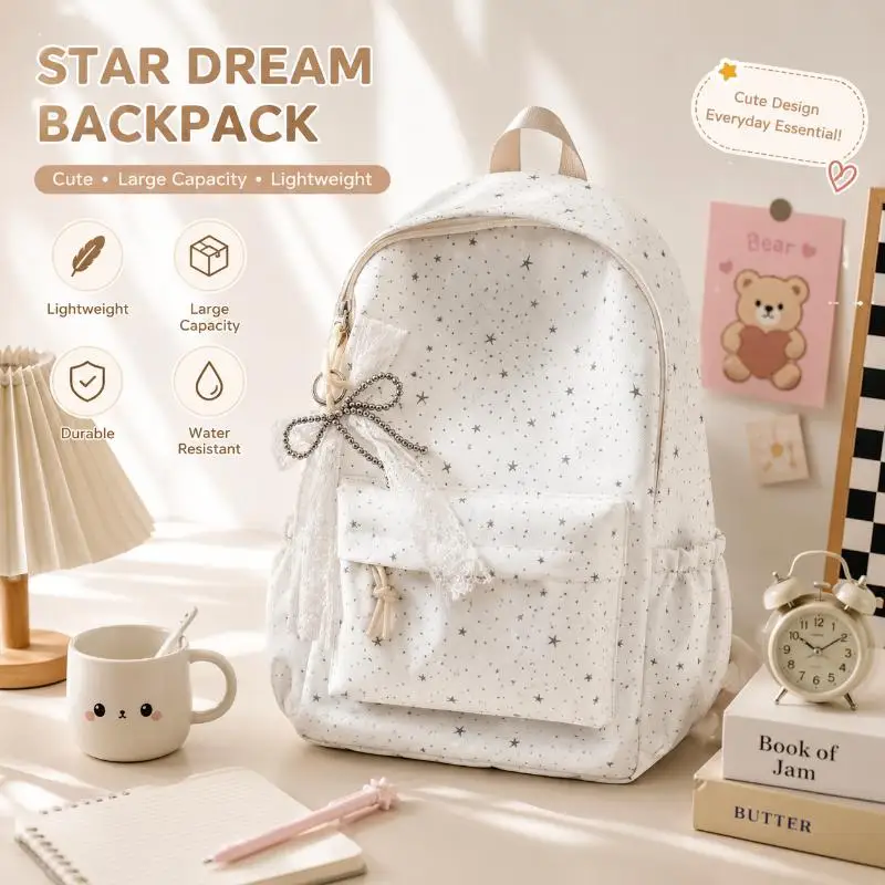 Damen-Schultaschen aus Segeltuch mit mehreren Taschen, Tagesrucksack mit Schleifenanhänger, Laptop-Rucksäcke – Detail 2
