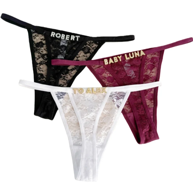 String personnalisé avec nom, culotte bikini à lettres en cristal, string taille basse sexy en dentelle, cadeau d'anniversaire pour femme et couple