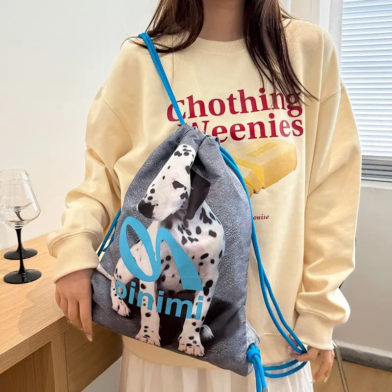 Fashion Dalmatian Drawstring Backpack Korean Y2k Dog School Bag Animal Print Casual Students Book Bags Gothic String Backpacks