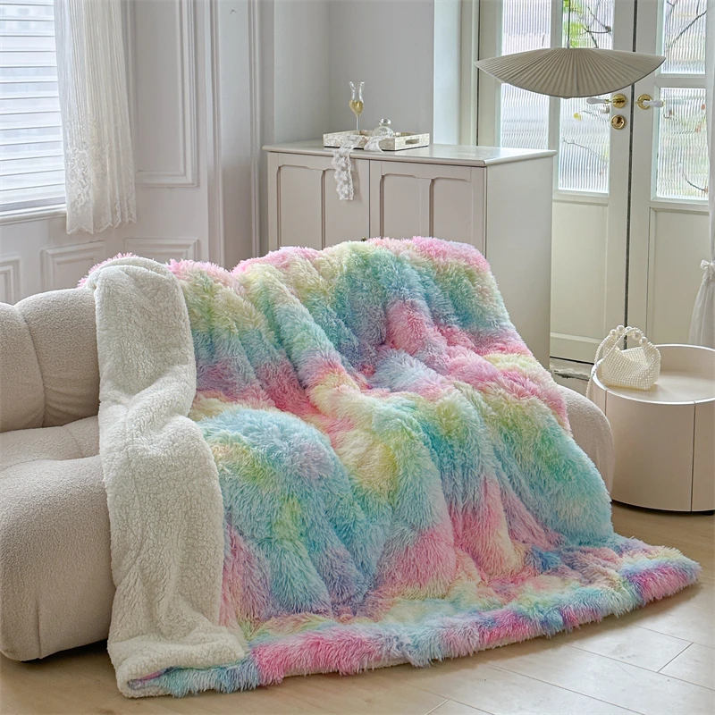 Dyed Long Hair Duvet Cashmere Thicken Winter Blanket Warm Mink Hair Fat Comforter 4-5cm Long Hair Bedding Home Linen Colorful