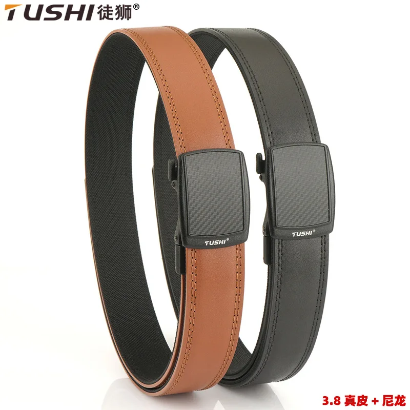 Tactical EDC Belt Men Automatic Buckle Leather Waistband No-hole Adjustable Trimmable for Business Work Commuting Daily