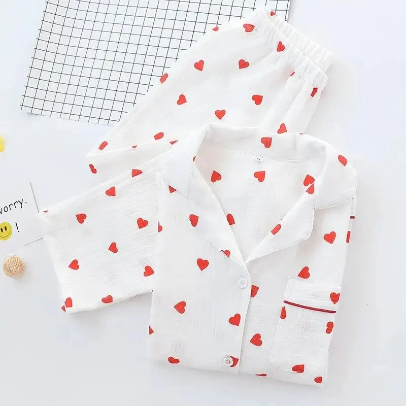 New Fashion 2pcs Heart Shaped Printed Turn Down Collar Long-Sleeve Trousers Ladies House Hold Wear Loose Pajamas Set