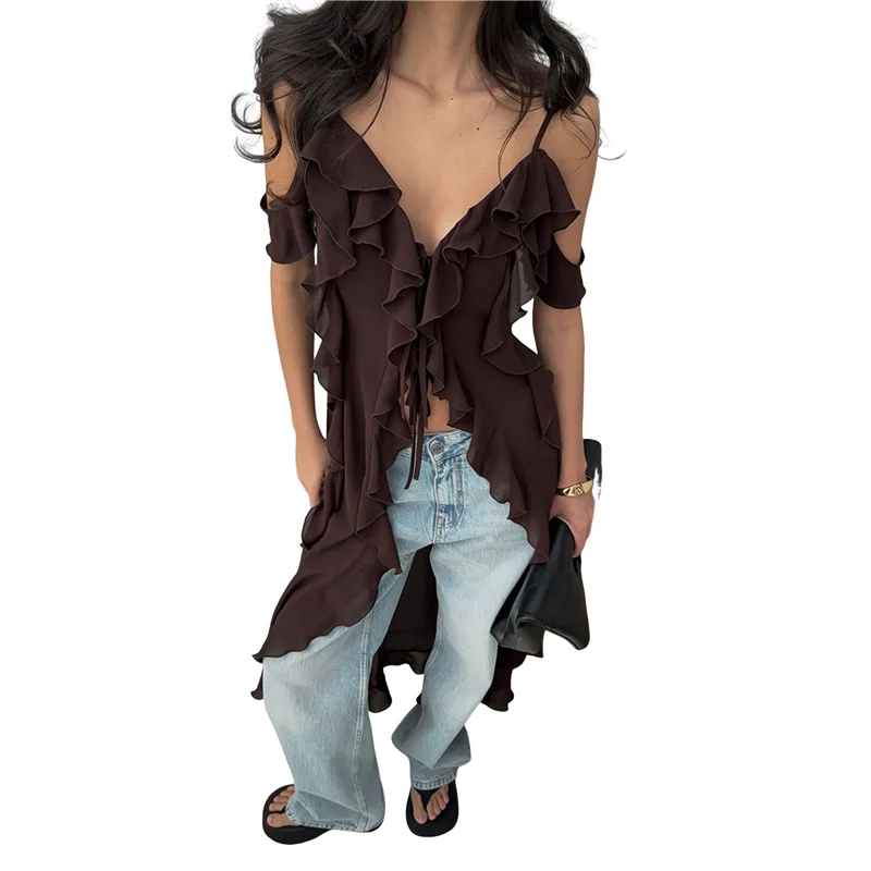 

AOAO-Women Split Front Ruffle Flowy Long Shirt Sleeveless Backless Spaghetti Strap Layer Chiffon Maxi Tank Top