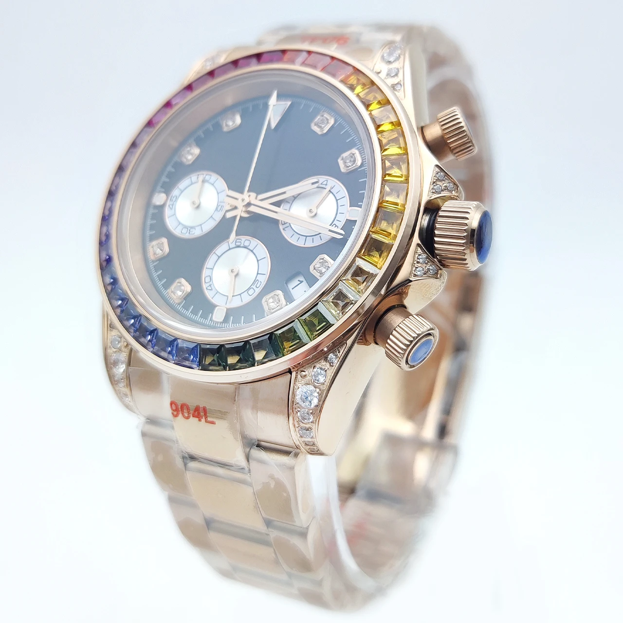40mm Rose Gold VK63 Chronograph Watch Luminous Waterproof, Colorful Diamond Dial Sapphire Crystal Solid Back Steel Band