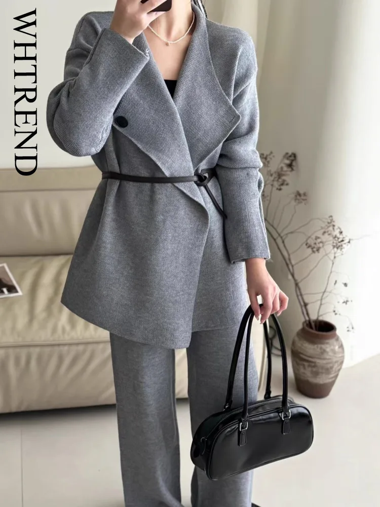 

WHTREND вязаный комплект в корейском стиле, женский модный кардиган, широкие брюки, комплект из двух предметов, осень-зима, новинка WH1637