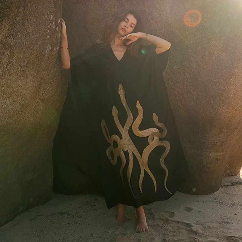 ชุดคลุมบิกินี่สีดำแบบกิโมโน แขนทรงค้างคาว ผ้าคลุมชายหาด ชุดคลุมแม็กซี่สำหรับผู้หญิง ผ้าคลุมชุดว่ายน้ำแบบหลวม