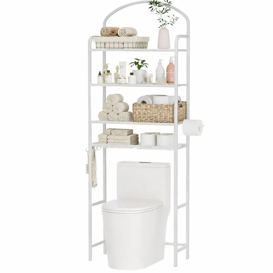 

4Tier Over The Toilet Storage, Bathroom Organizer, SpaceSaving, Above Toilet Storage Rack with 4 Hooks and Paper Holder, Metal