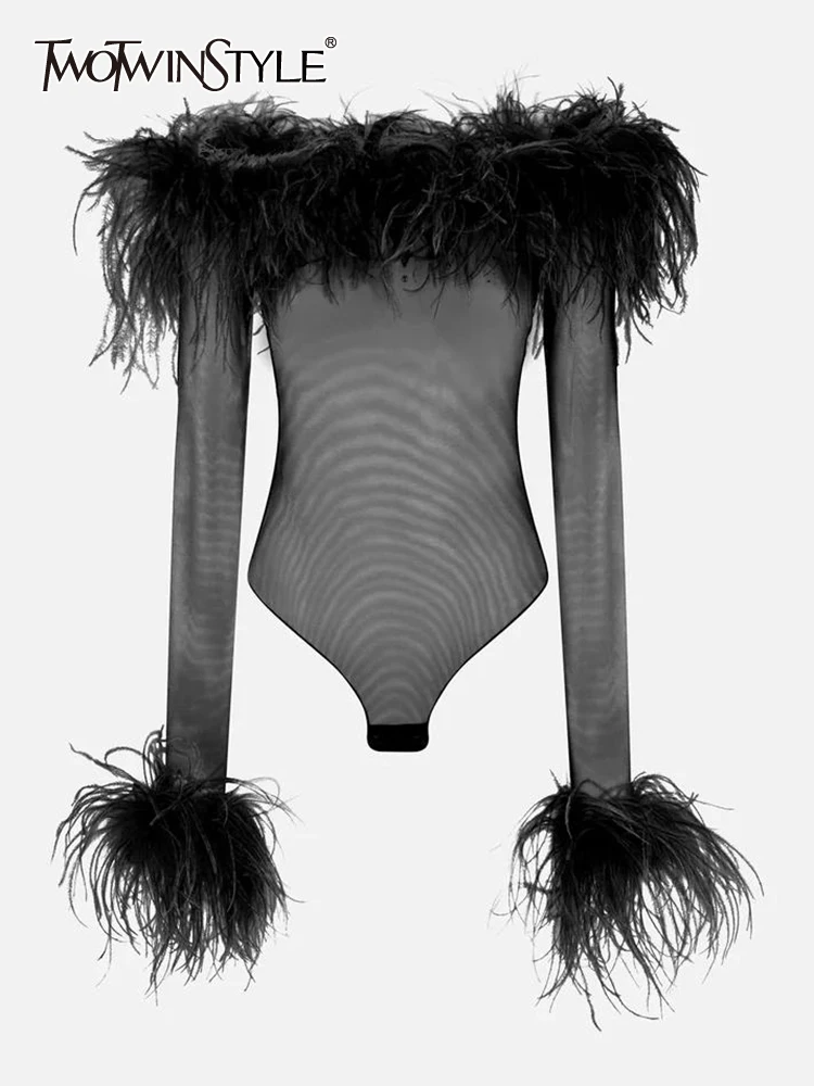 

TWOTWINSTYLE Solid Patchwork Feathers Bodysuit For Women Slash Neck Long Sleeve High Waist Sexy Slimming Bodysuits Female New