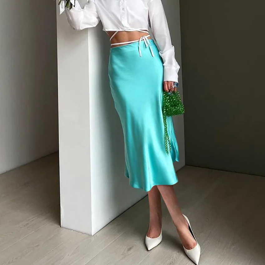 Women Satin Skirts Summer Fashion Female Solid Soft Skirt Women\'s High Waist A-line Zipper Skirts Sexy Female Skirts