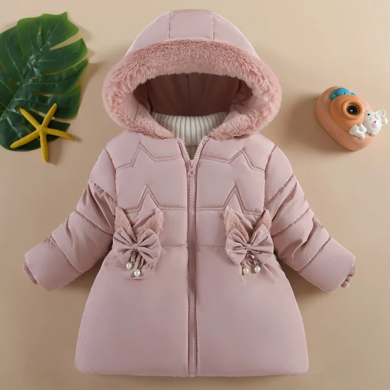 1 2 3 4Y Winter Girls Jacket 5 Color Little Bow Pearl Decoration Lining Plush Thick Hooded Coats For Kids Children Cute Outwear