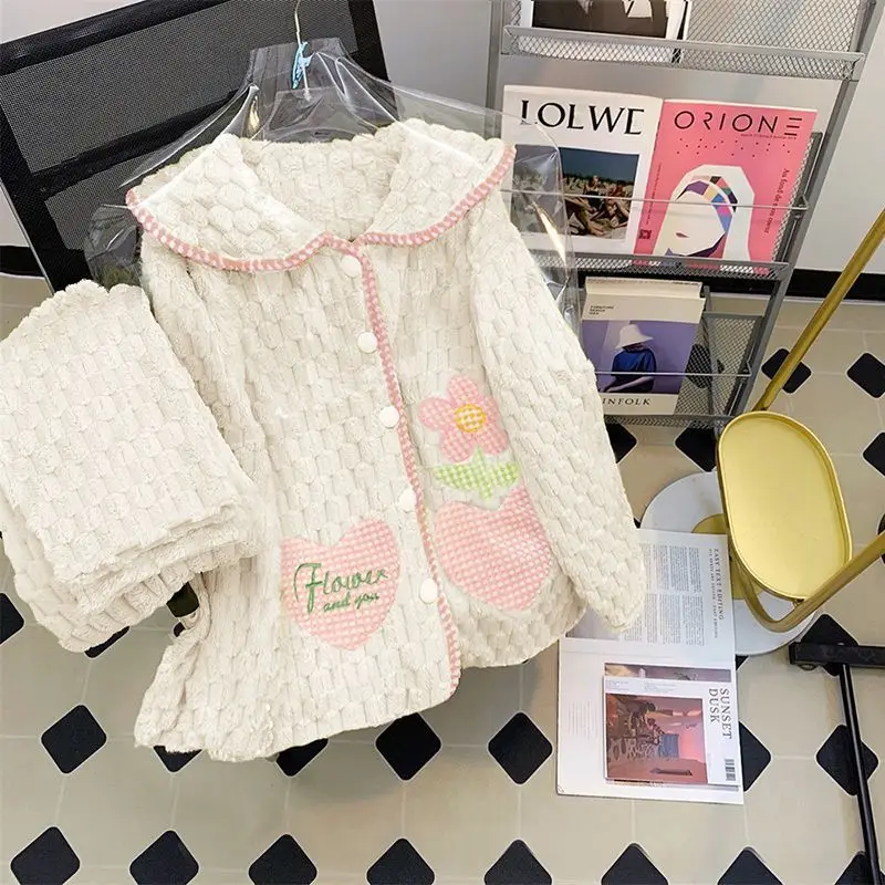 Sleepwear Women Long Sleeves and Pants Spring and Autumn Women Sweet Thin Can Be Worn Outside The Home Suit   Flannel  Pajamas