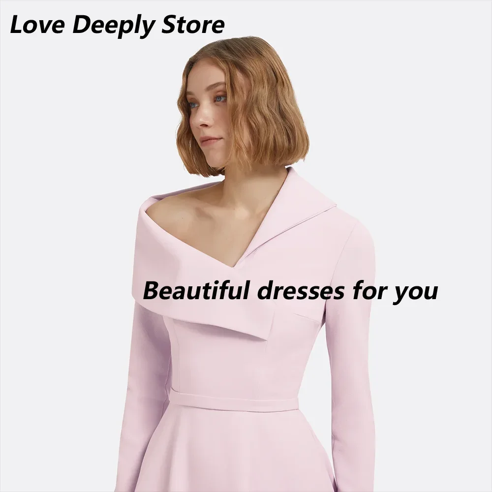 

Elegant Wedding Guest Dresses for Women Pink Long Sleeves A Line Formal Party Gowns V-Neck Tea Length Evening Dress Customized