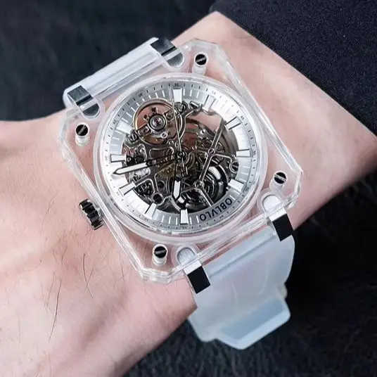 

OBLVLO Men Automatic Watch 41.8mm Square Mechanical Wristwatch Acrylic Case Sapphire Mirror Luminous Skeleton Dial 1A00 Mov.