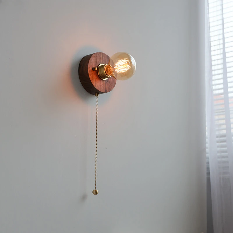 

New Style Vintage LED Wall Beisde Lamp Pull Chain Switch Plug Wall Light Wood Copper Bathroom Mirror Stair Light