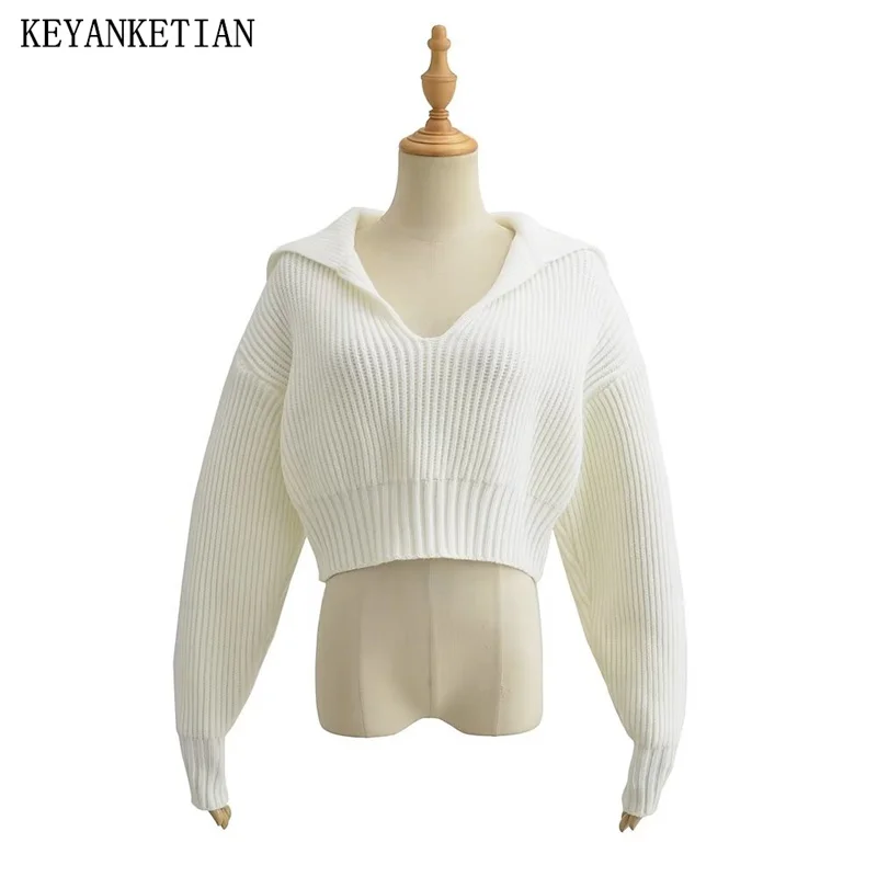 

KEYANKETIAN Winter New Women's Loose Short Large Lapel Pullover Sweater American Retro Loose Coarse Yarn Knitwear Crop Top Thick