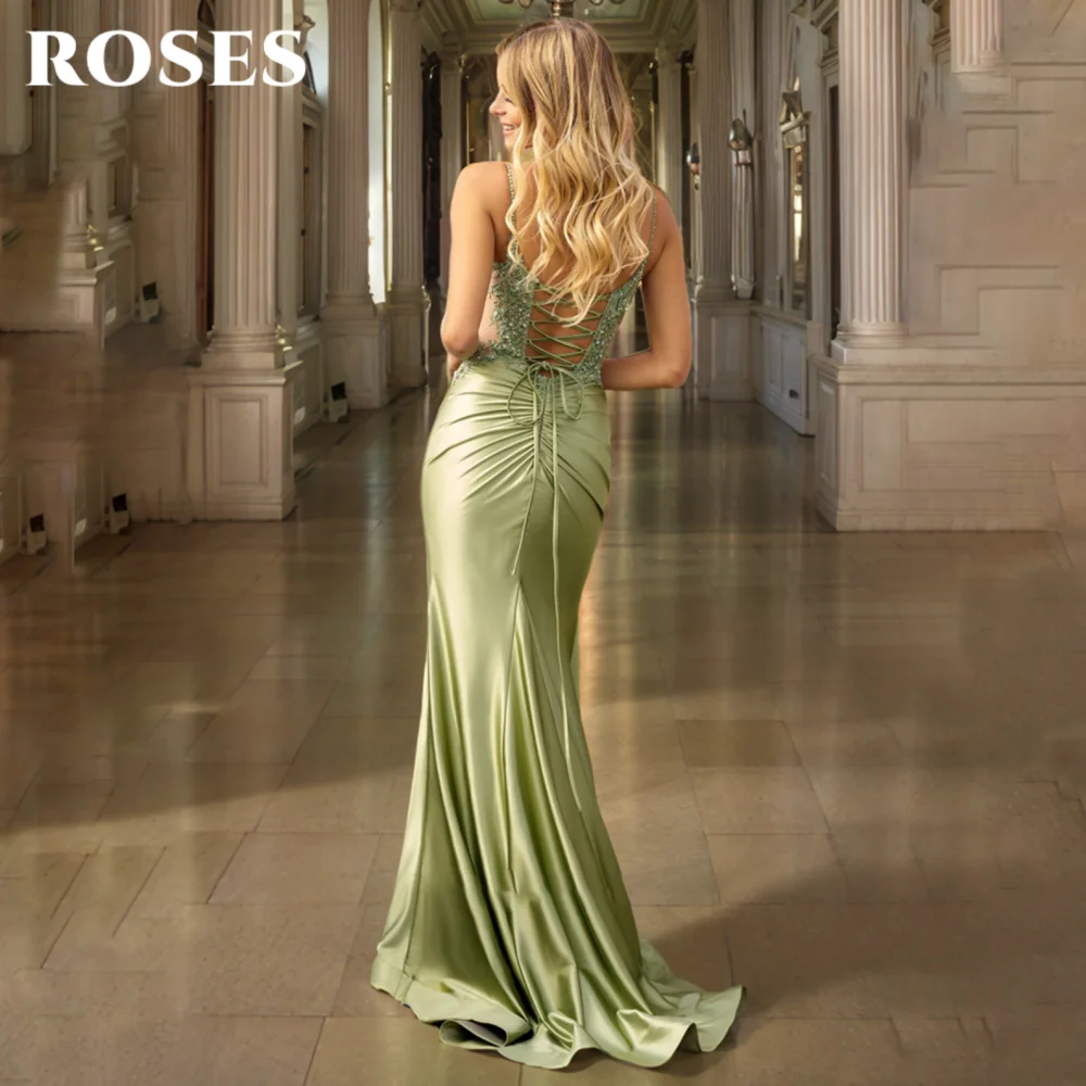 ROSES Green Sexy Prom Dresses with Lace Deep-Neck Spaghetti Straps Hollow Prom Gown Satin Mermaid Evening Dresses Customized