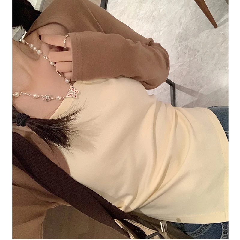 Women's New Square-neck Pleated Top Spring and Summer Korean Irregular Design Bottom Long-sleeve Patchwork Women's T-shirt