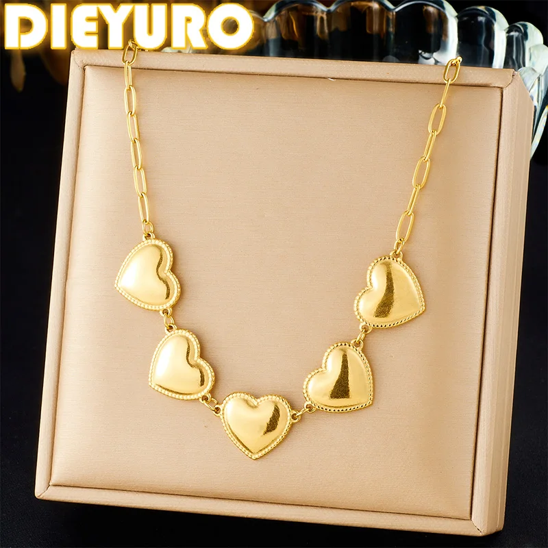 DIEYURO 316L Edelstahl GGolden Glänzend PeachHeart Spleißen Halskette Für Frauen Neue Mode Hals Kette Schmuck Glamorous
