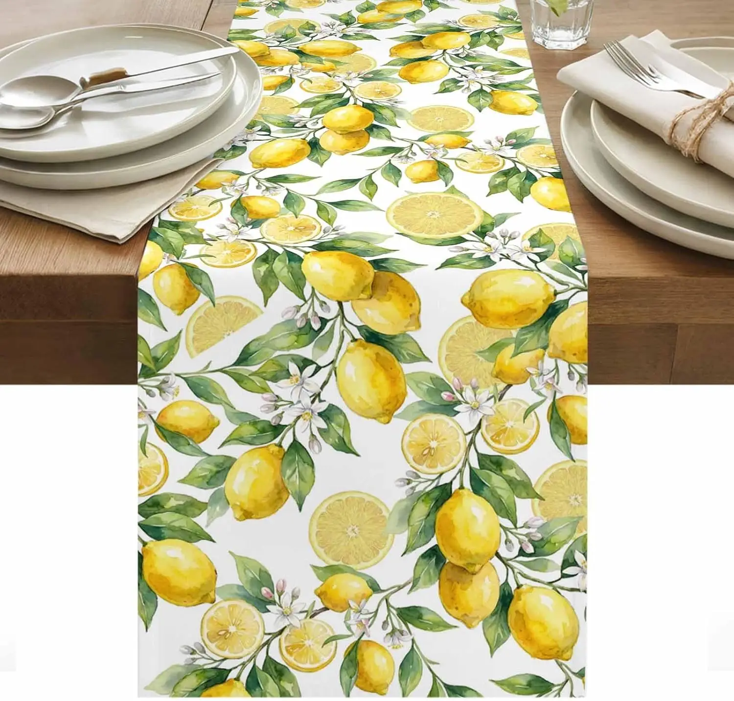 

Льняная скатерть-дорожка с желтыми листьями лимона, акварельный цветочный узор, для праздничной вечеринки, украшение для кухни и столовой, домашний декор