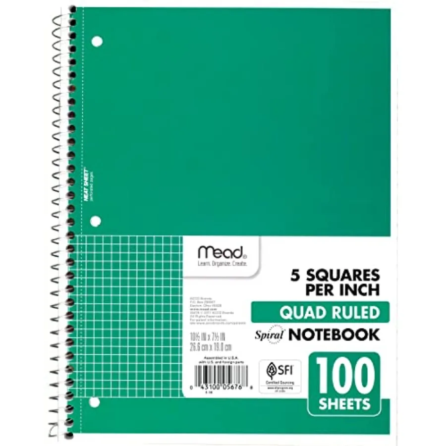 

Тетрадь на спирали, 1 предмет, с сетчатой бумагой, 7-1/2 x 10-1/2 дюйма, 100 листов, цвет варьируется