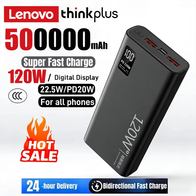 Lenovo ThinkPlus 200000mAh Power Bank Large Capacity LED Display 120W Fast Charging Portable Emergency Power For iPhone Samsung