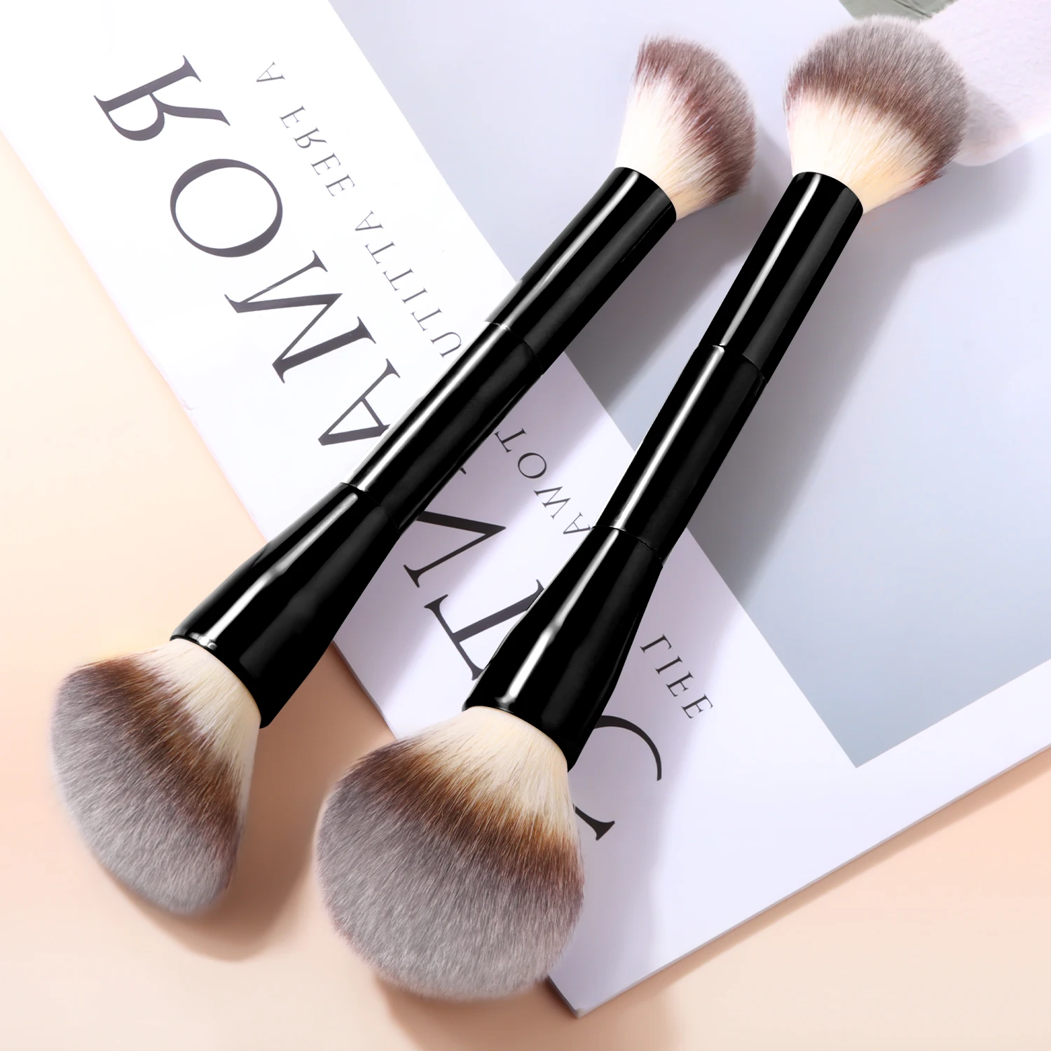  Multifunctional 2Pcs Double-headed Makeup Brush Set, Angled Contour Brush, Flame Loose Powder & Blush Brush, Beauty Brush Combo