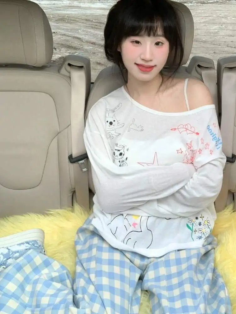 American Lazy Thin Cartoon Cover up Top lungo Sve Casual Allentato Estate New Sle Set a due pezzi Pantaloni a gamba dritta a vita alta