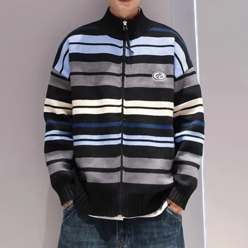 

Hong Kong Style Stand Collar Striped Cardigan Color Blocking Loose Hooded Sweater Men's Autumn New Trend Casual Knitted Coats