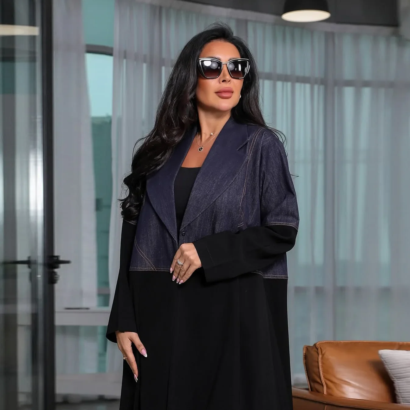 Veste Giacca con giunture in denim Dubai Moda Donna Musulmana Medio Oriente Abaya Giacca Abito Abaya Cappotto