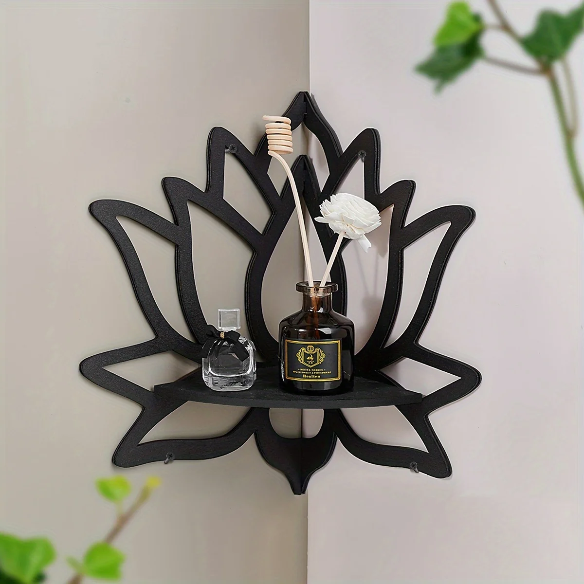 Lotus Corner Floating Shelf, Hollow Flower Wall Mount Corner Shelf, Decorative Wall Display Rack for Bedroom Living Room view 2