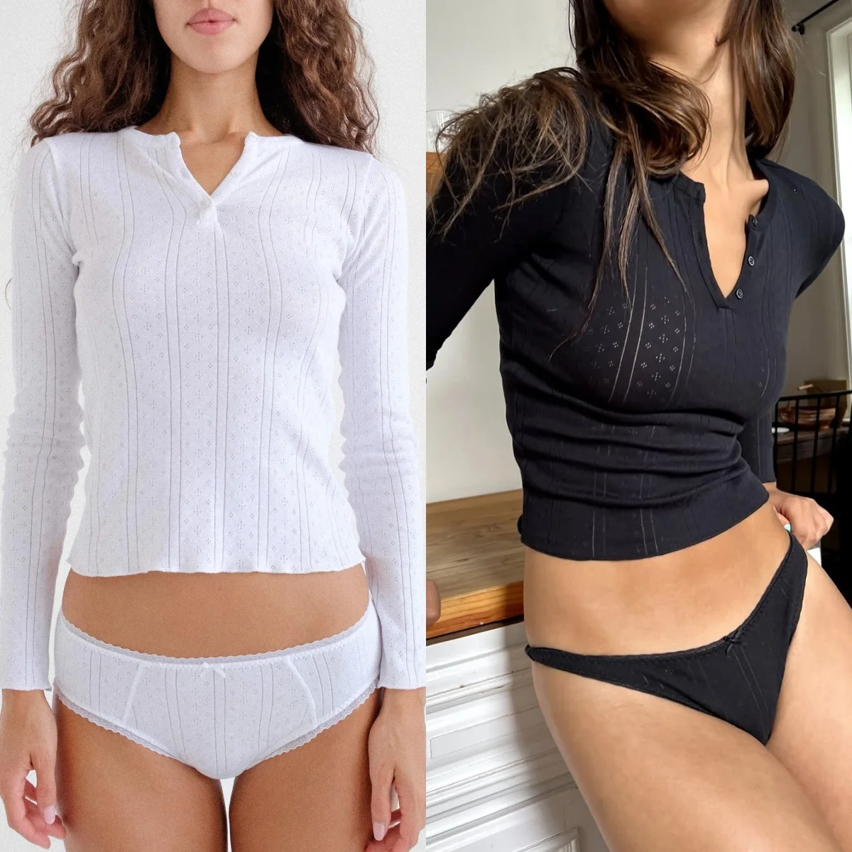 Cou Schwarz-weißes Langarm-Oberteil mit V-Ausschnitt, Slim-Fit-Basishemd aus reiner Baumwolle, langes Jacquard-T-Shirt mit Vintage-Henry-Kragen und Hohlstrickoberteil, Herbst- und Winter-Basishemd, lässige Heimkleidung für die Paarung im Freien