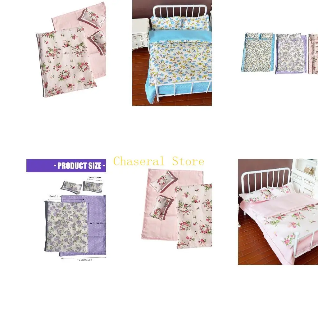 

E7CE Washable Doll House Room Bedding Set with Rural Flower Print Design Miniature Bedroom Accessories For Model Scene Display
