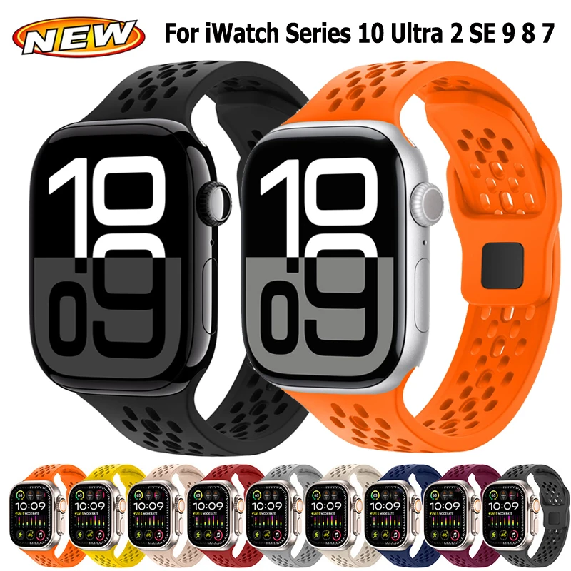 

Дышащий силиконовый ремешок для Apple Watch Band Series 9 10 46 мм 42 мм 45 мм 44 мм 38 40 мм 41 мм Браслет Correa iWatch Ultra 2 49 мм