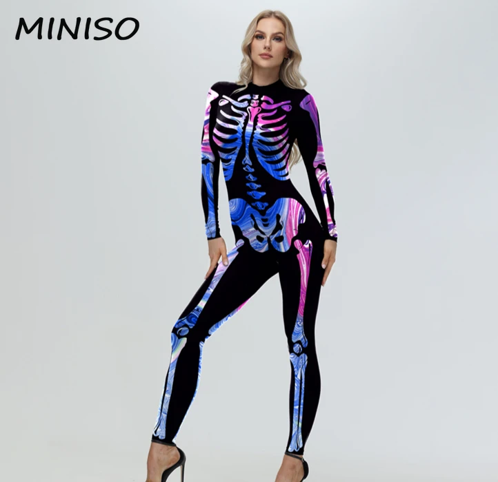 Miniso-Multicolor Punk Esqueleto Cosplay Trajes para Mulheres, Ternos Zentai, Macacão Sexy, Impressão Do Crânio Humano, Festa De Carnaval, Bodysuit