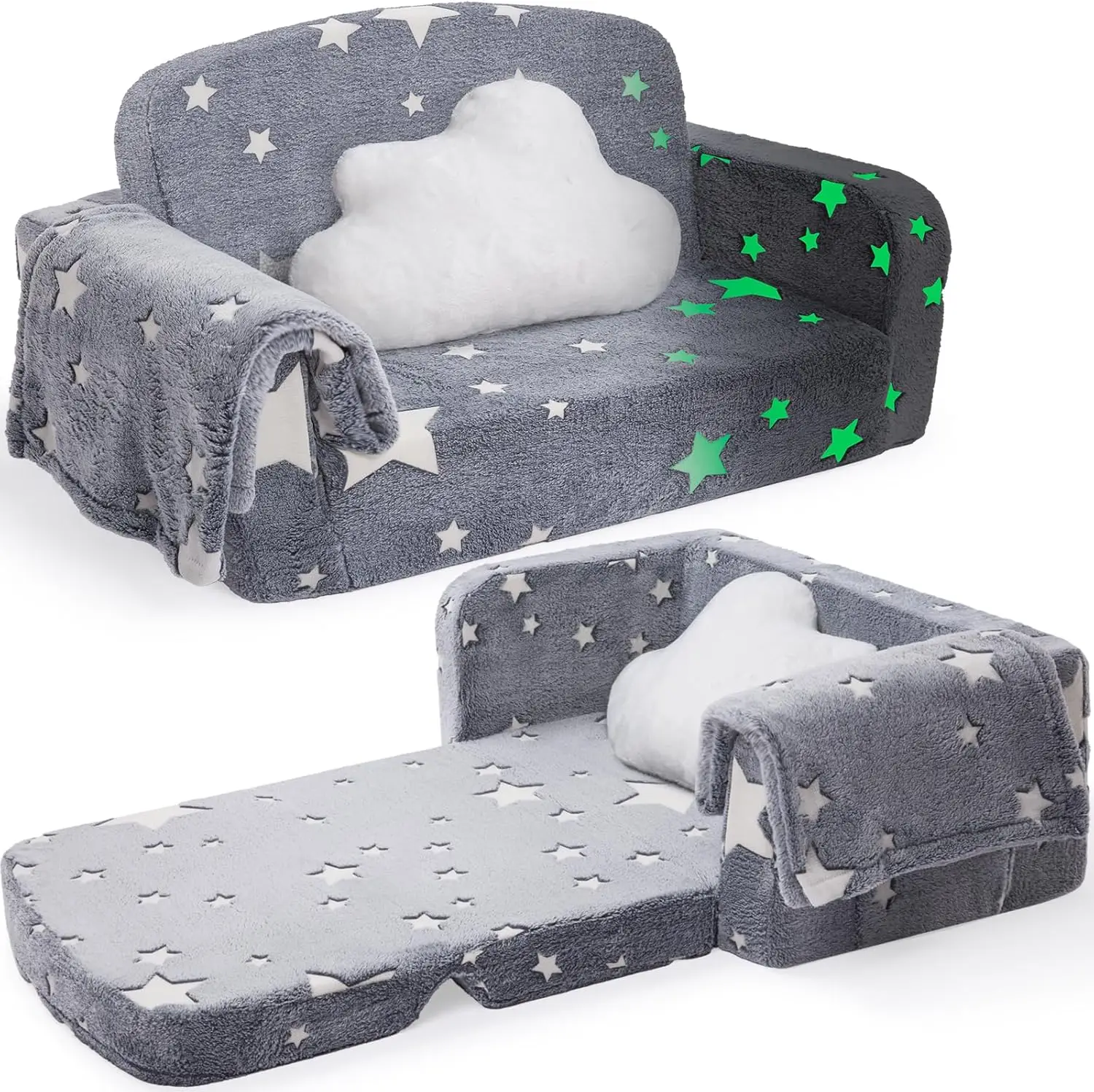 

Extra Wide Kids Couch, 2-In-1 Soft Toddler Couch With Blanket, Glow In The Dark, Comfy Toddler Chair With Cloud Pillow,