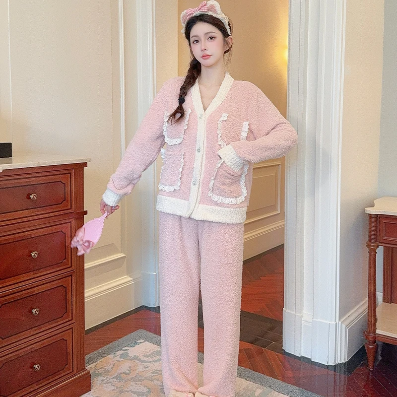 

Пижамные комплекты женские плюшевые, весенние, для отдыха, с эффектом мятой ткани, очаровательные, элегантные, винтажные, из полиэстера, для дома и сна, универсальные